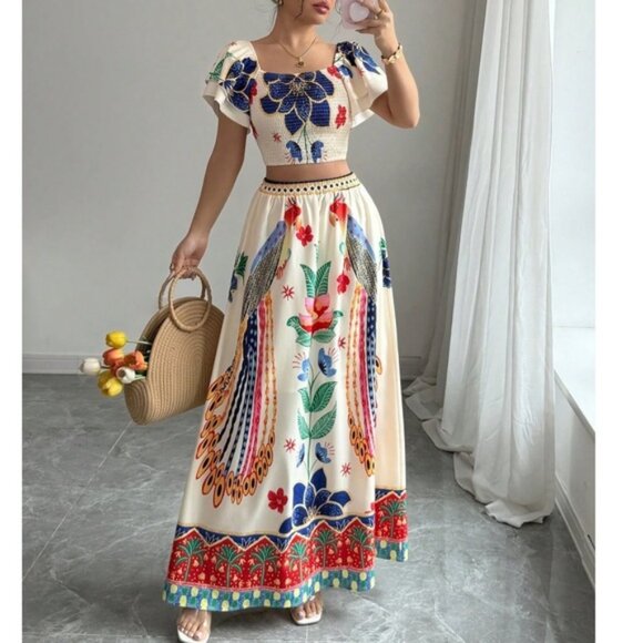 Boho Floral Print Stretchy Waist Smocked Cropped Top Skirt Set - Picture 1 of 4